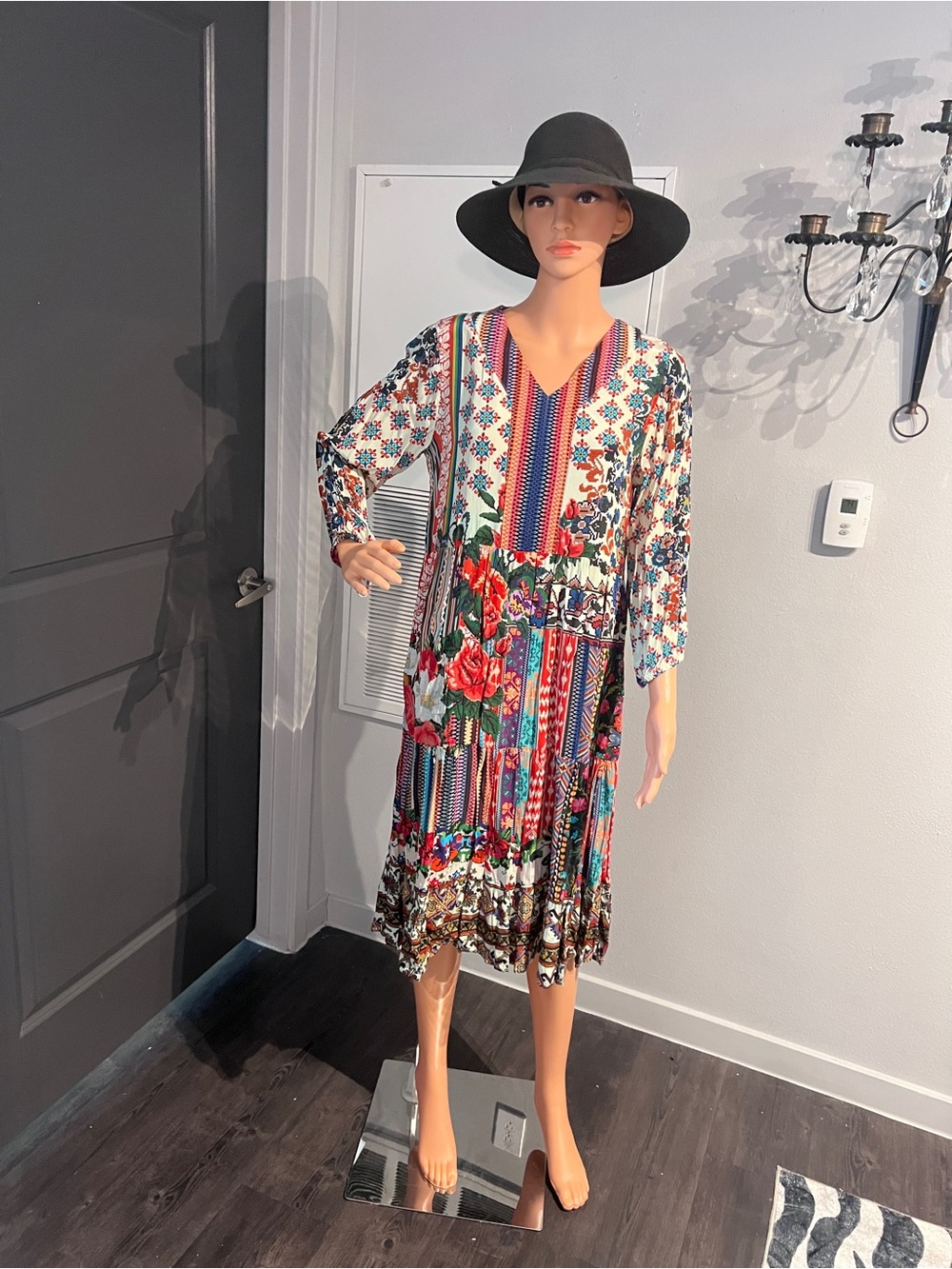 Boho Floral Mixed-Print V-Neck Dress - Multicolor